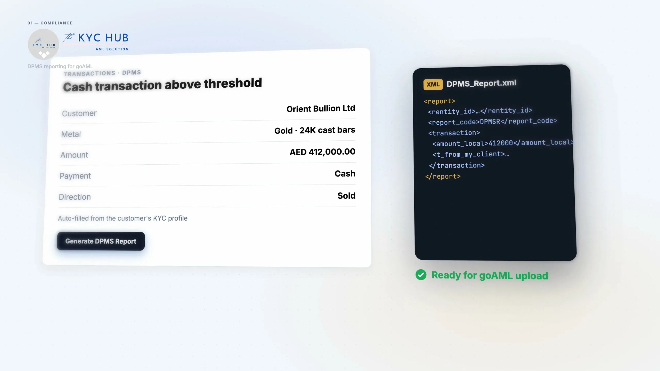 A cash transaction above threshold generating a DPMS report XML for goAML