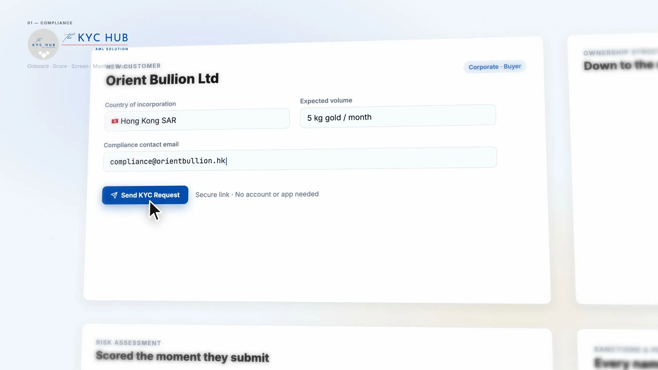 Sending a secure KYC request to a corporate buyer in The KYC Hub