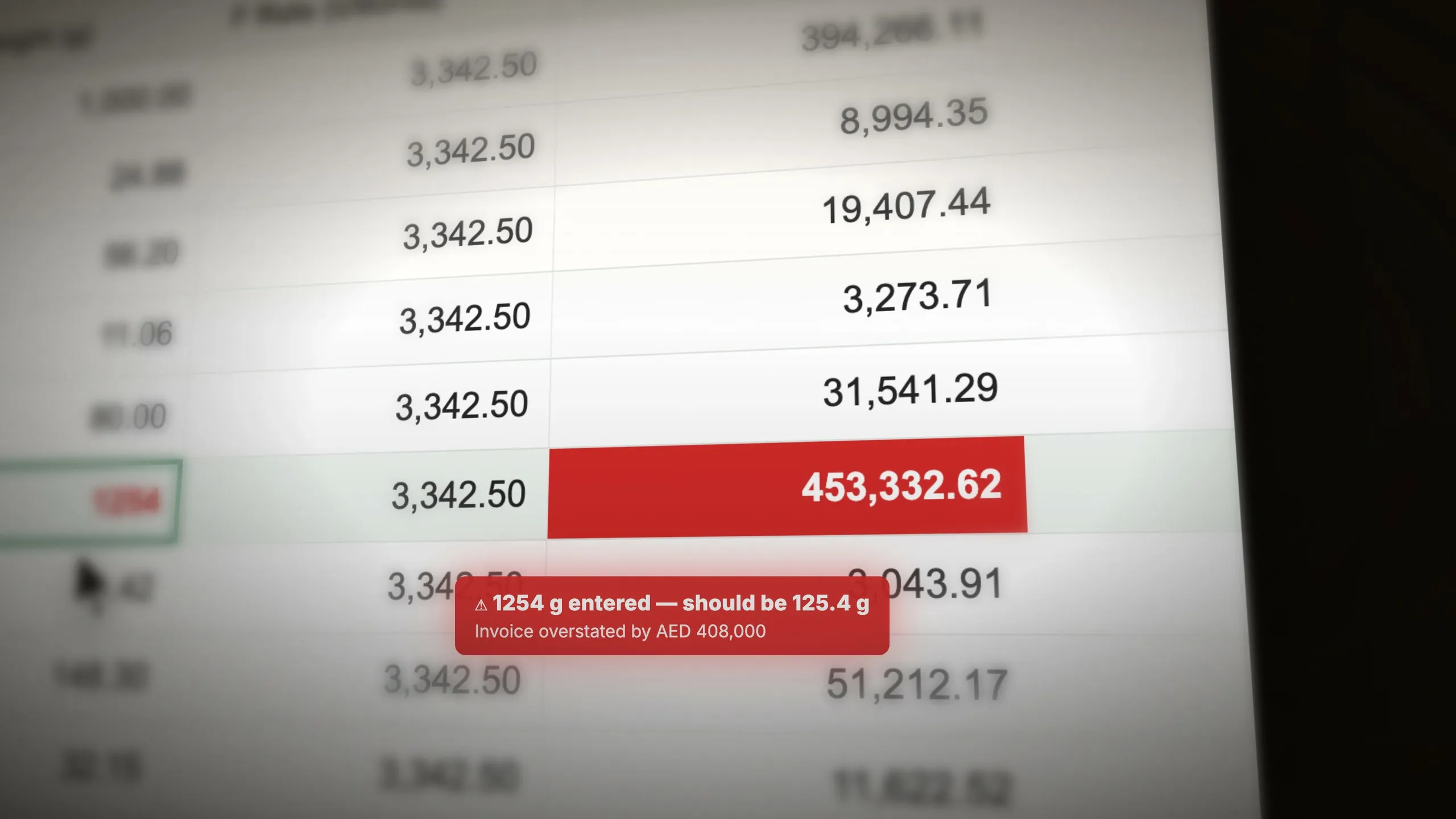A spreadsheet where a gold weight typed as 1254 g instead of 125.4 g overstates an invoice by AED 408,000
